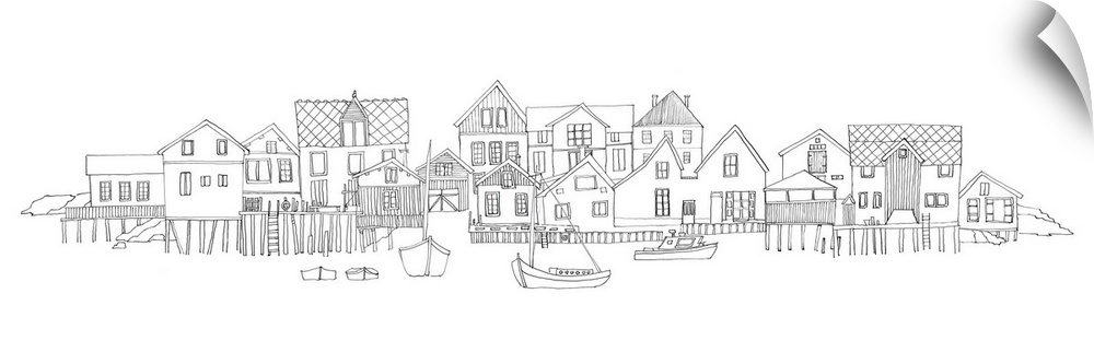 Black and white pen and ink illustration of a village on the water with boats in the foreground.