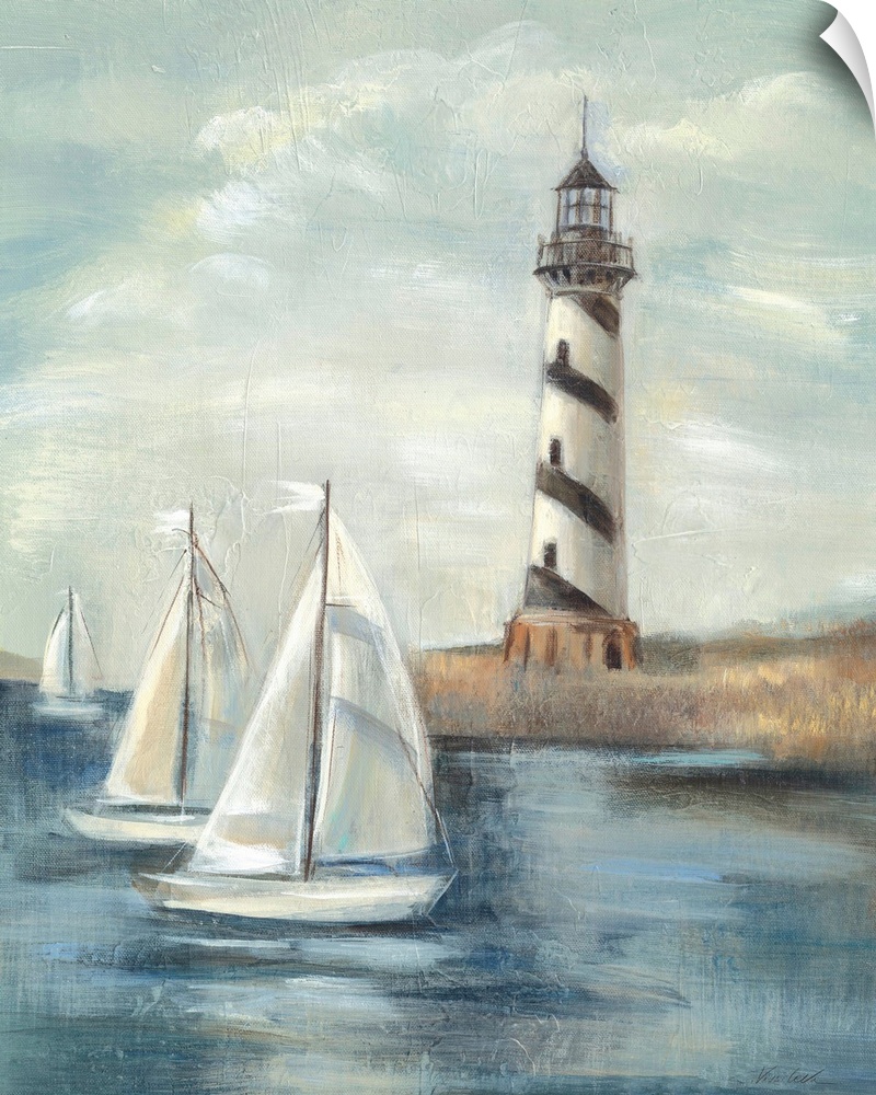 Contemporary painting of an idyllic coastal scene, with a lighthouse in the background and sailboats in the foreground.