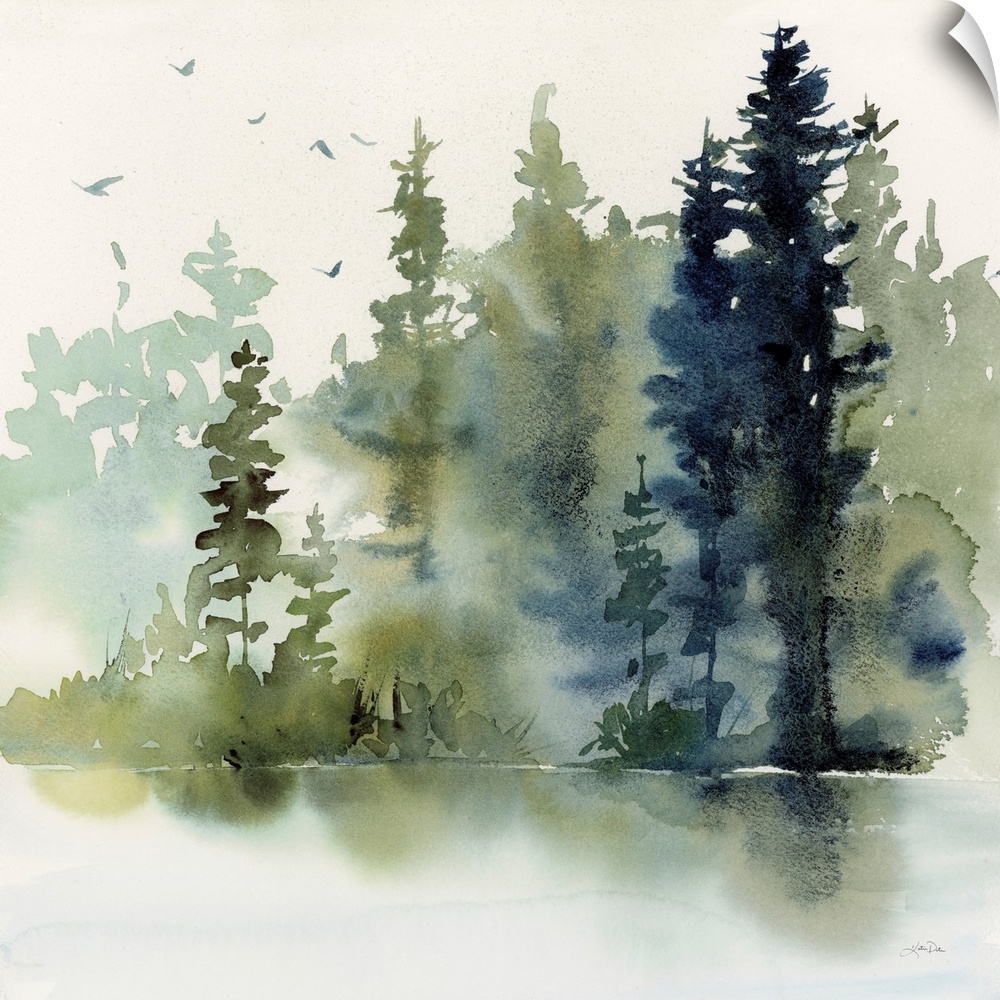 An abstracted contemporary watercolor painting of tall evergreen trees in a misty forest with a lake in the foreground