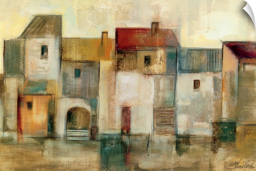 Oversized wall art for the home or office this is a painting with neutral color palette of abstract houses in a row.