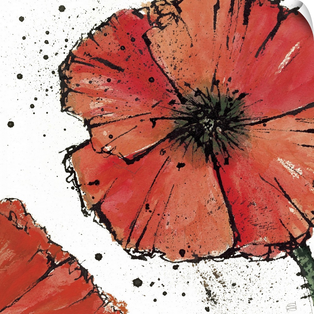 Artwork of a large red flower speckled with black paint from the center and jetting out.