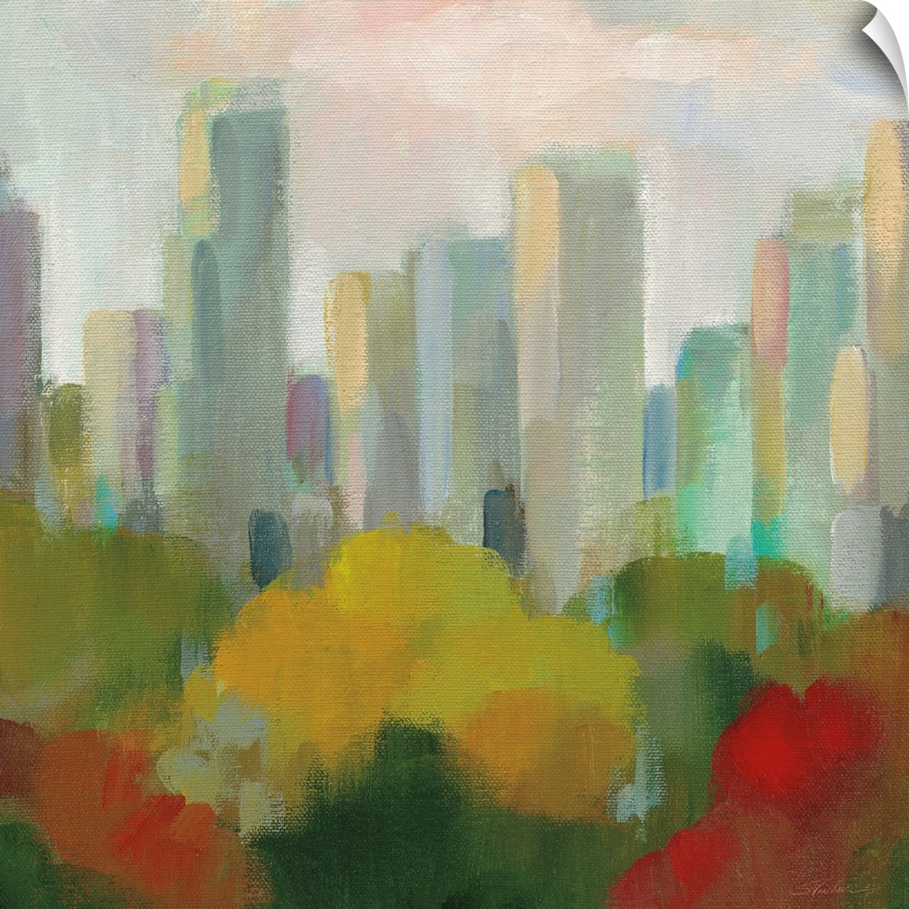 A modern contemporary painting in an impressionism style of Central Park with the New York City Skyline in the background.