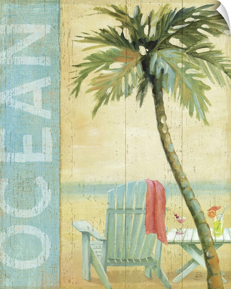 Artwork of beach chair and table on the shoreline with a palm tree in the foreground.  The text "Ocean" is written vertica...