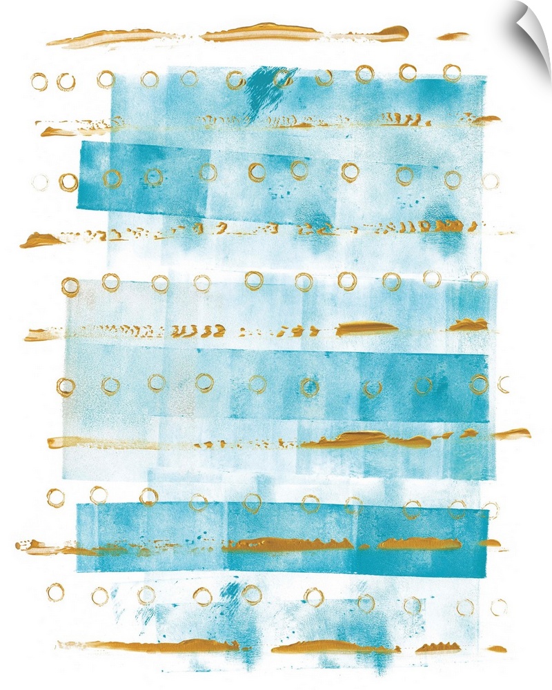 Abstract watercolor painting with horizontal lines of blue rectangular boxes and metallic gold circular designs and patter...