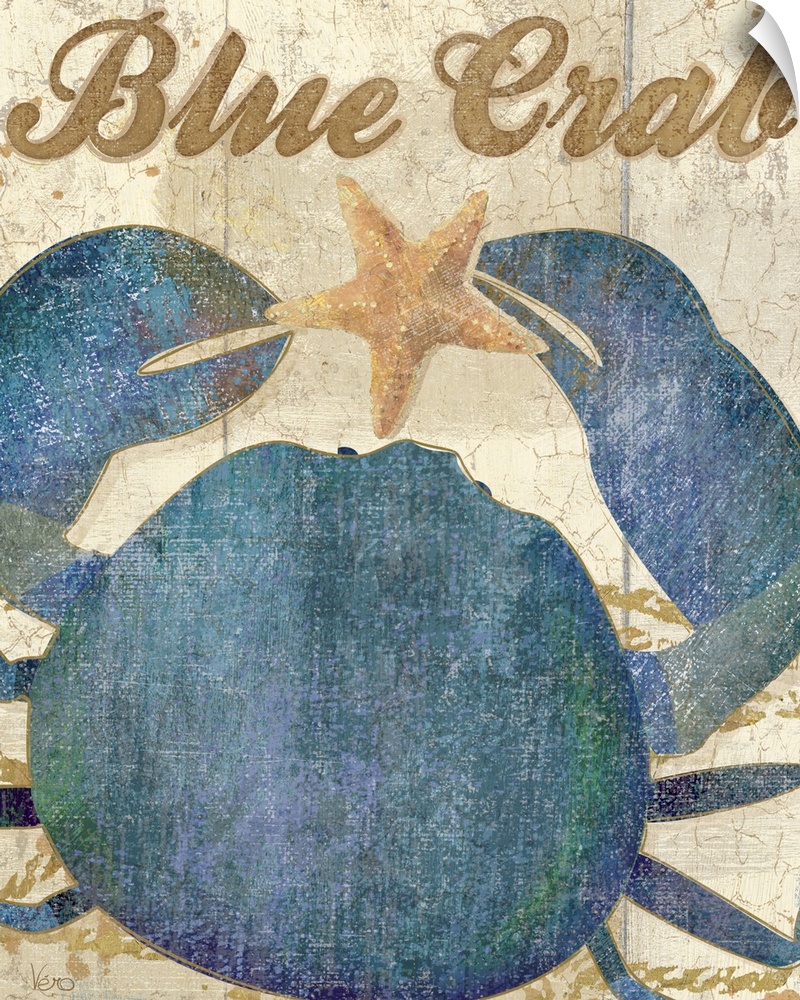 A blue crab holding a starfish with the words "Blue Crab" written in script above it.
