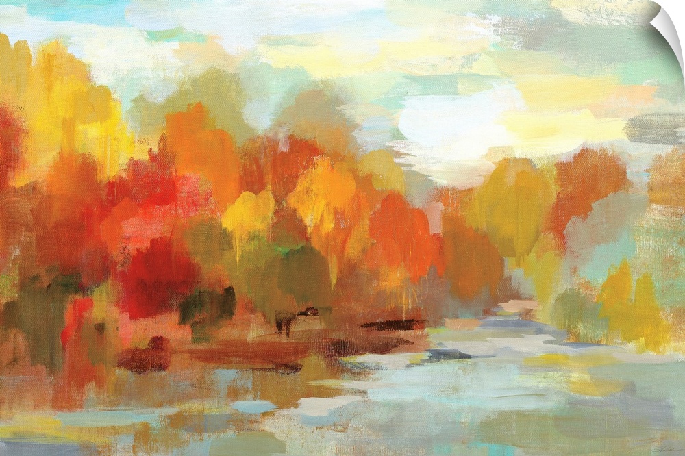 Abstract painting of Fall trees and a blue sky made with short brushstrokes and many shades of color.