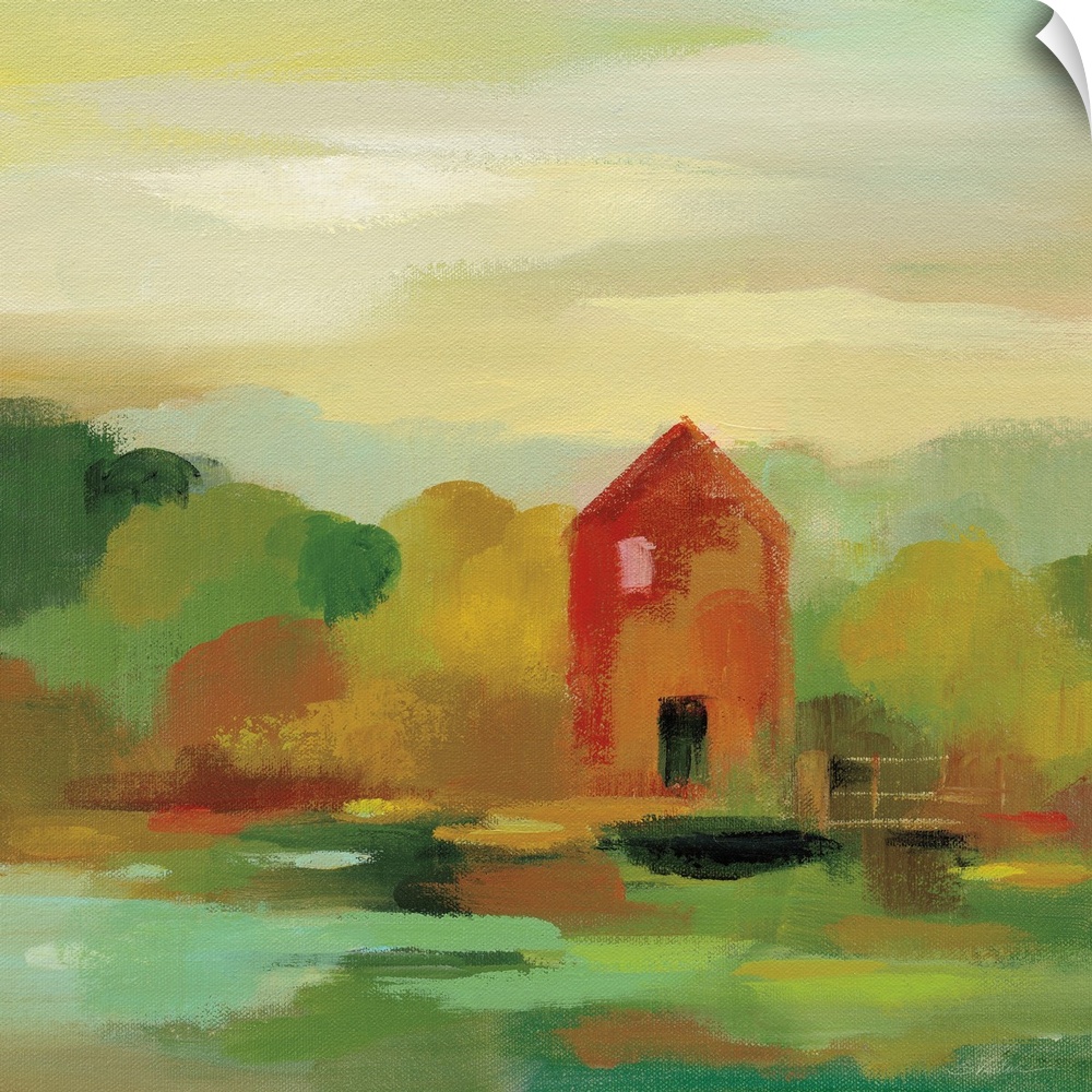 Contemporary landscape painting with a red barn house and Autumn colored trees.