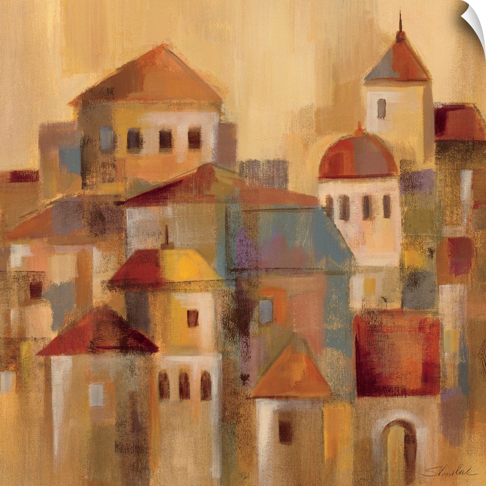 Contemporary painting of village buildings in a faded rustic style.