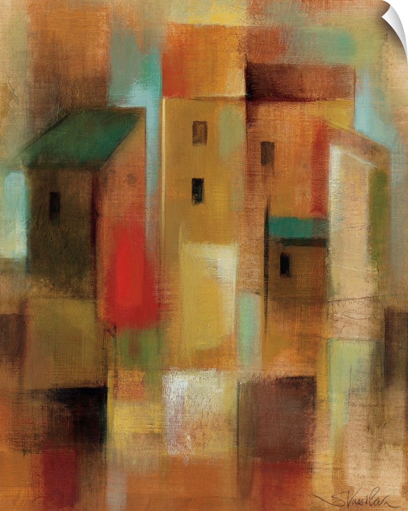 Abstract painting of buildings in a town made up of patches of colors.