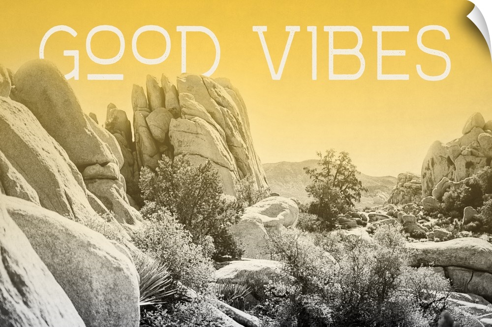 "Good Vibes" on a horizontal rocky landscape image with a yellow overlay.