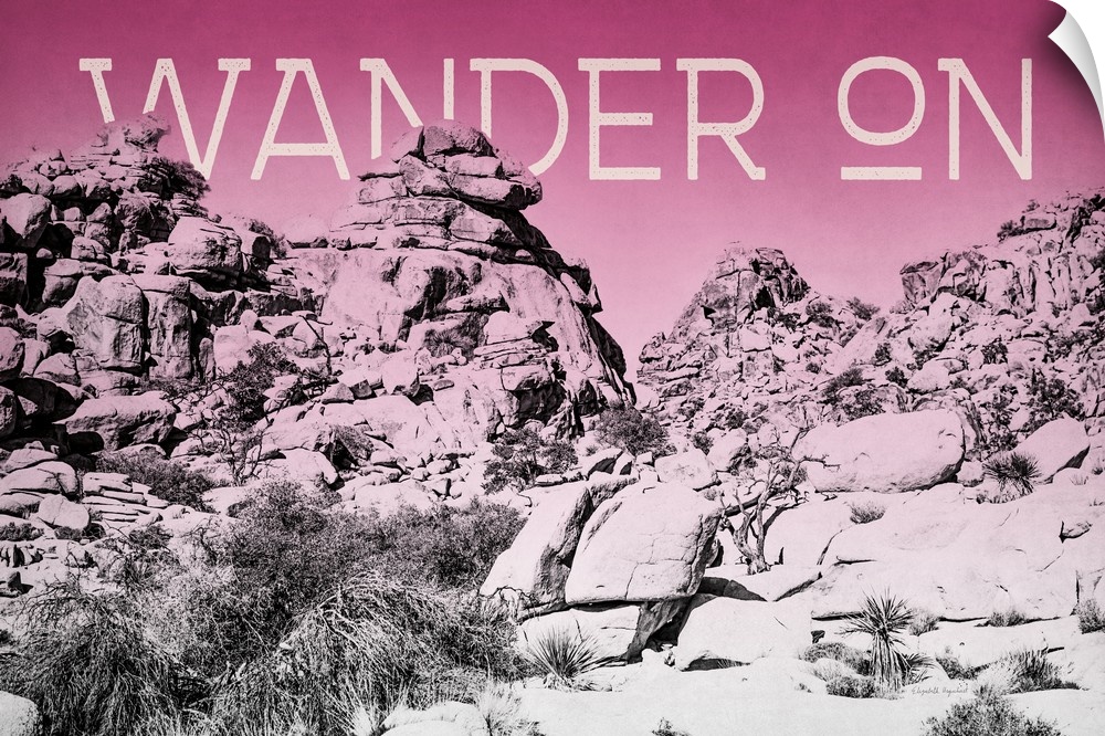 "Wander On" on a horizontal rocky landscape image with a red overlay.
