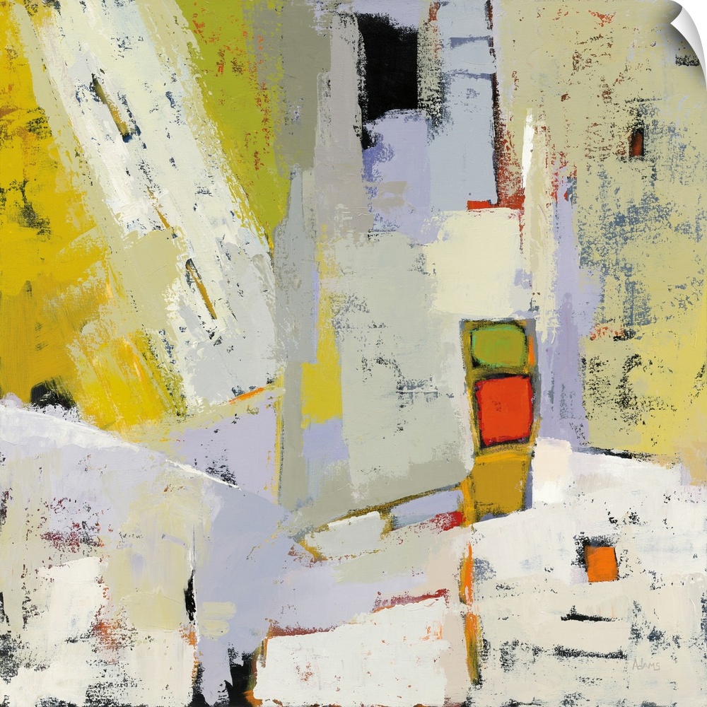 Inspired by urban settings, this abstract artwork features blocks of color and distressed textures.