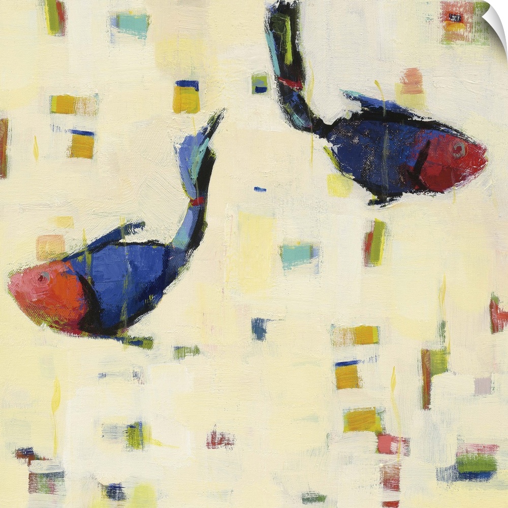 Contemporary abstract painting of two blue and red fish swimming opposite ways with colorful squares spread sperratically ...