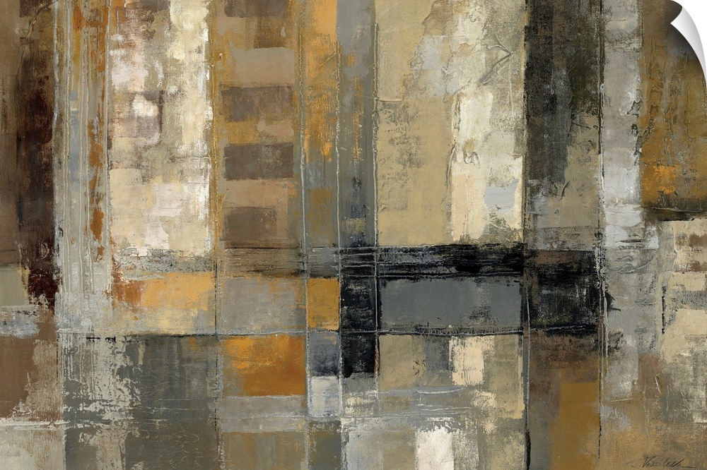 Abstract art painting of neutral rectangular blocks going all directions.