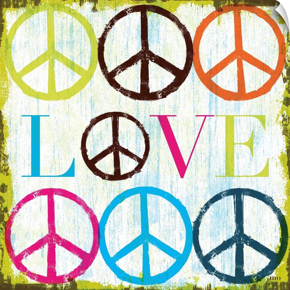 Retro artwork of the word "LOVE" surrounded by colorful peace sign symbols.