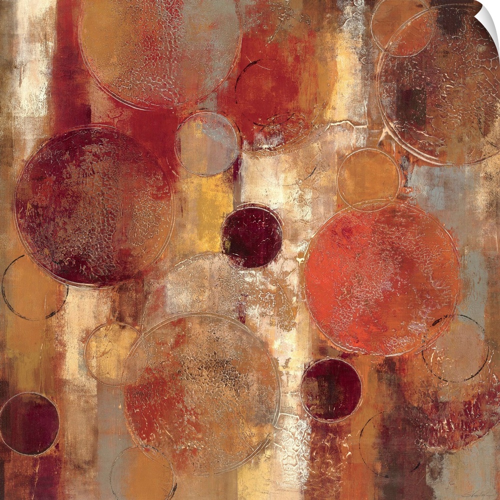 Muted contemporary abstract painting of overlapping circles varying in size.  The background consists of vertical stripes.