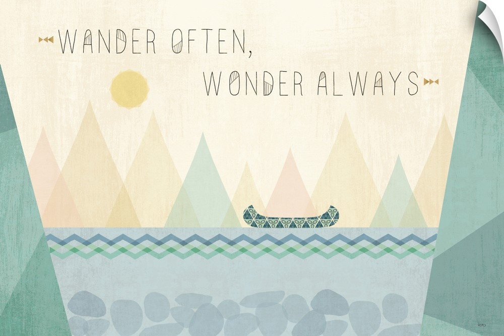 "Wander Often, Wonder Always" geometric lake decor