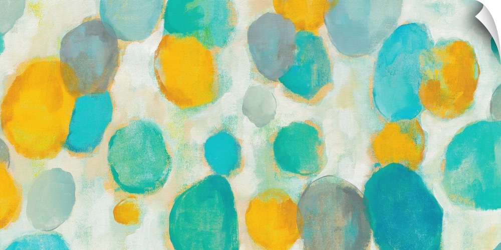 Contemporary abstract painting using soft vibrant colors in organic shapes.