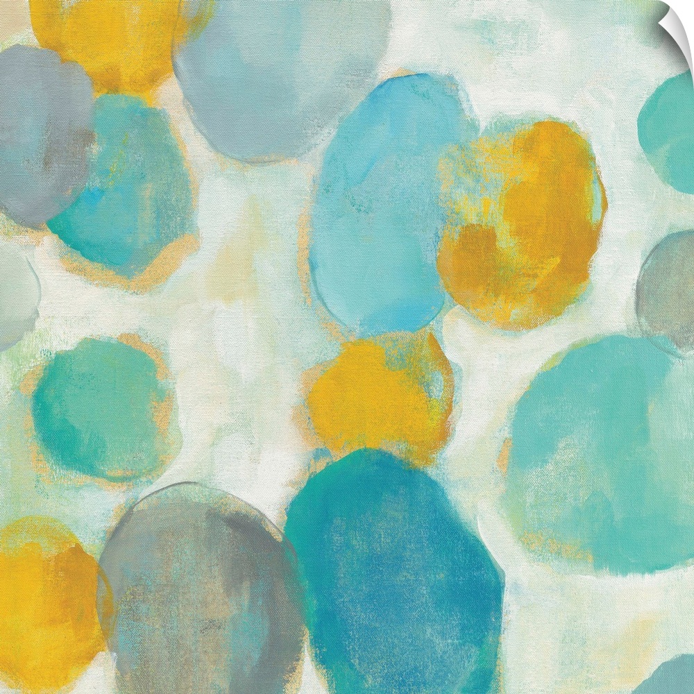 Abstract artwork of bright circle shapes in yellow and teal.