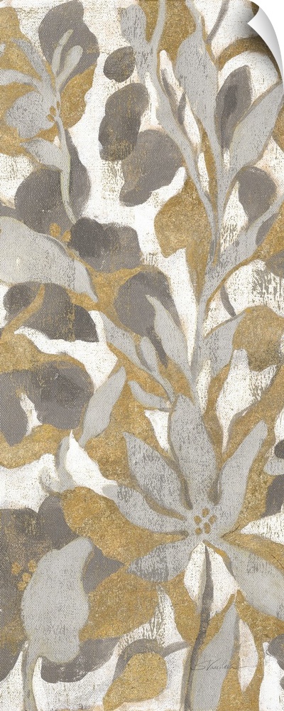 Floral panel painting in gold, silver, gray, and white hues.
