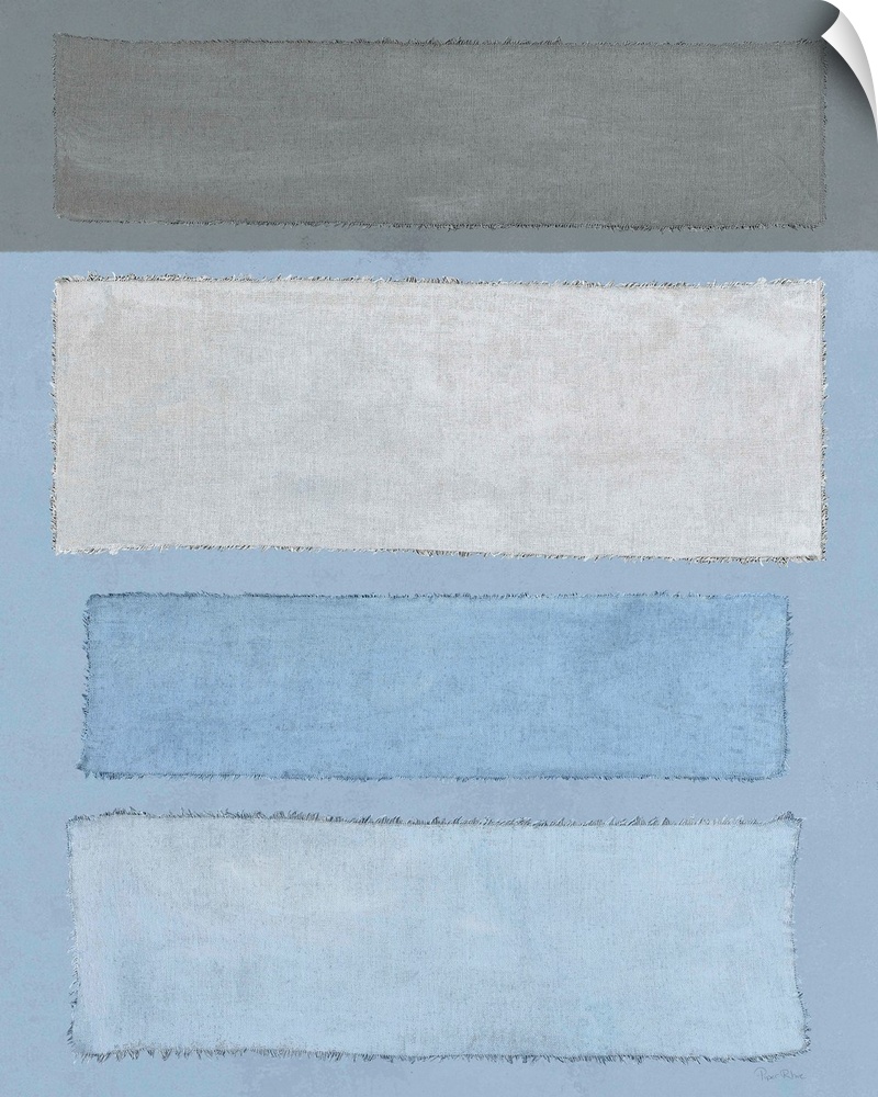 Mixed media art with blue and gray linen rectangles placed horizontally on a vertical canvas with a light blue and gray ba...