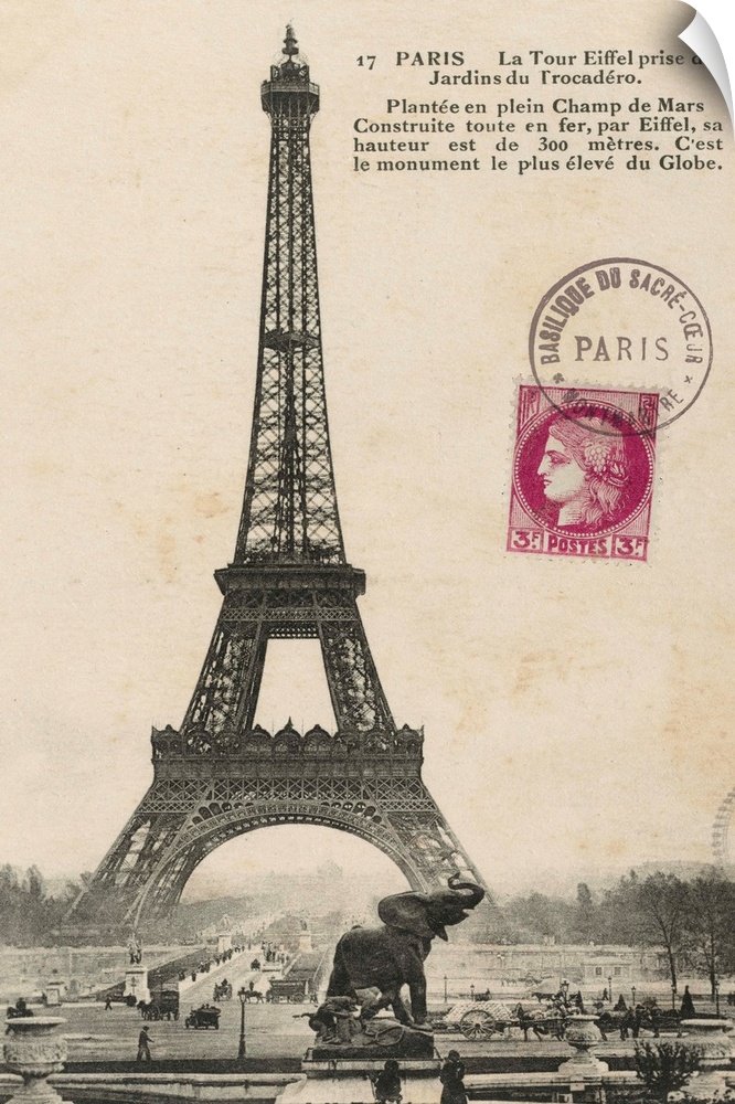 Vintage photograph of the Eiffel Tower with text to the right of the image and a red stamp near the middle.