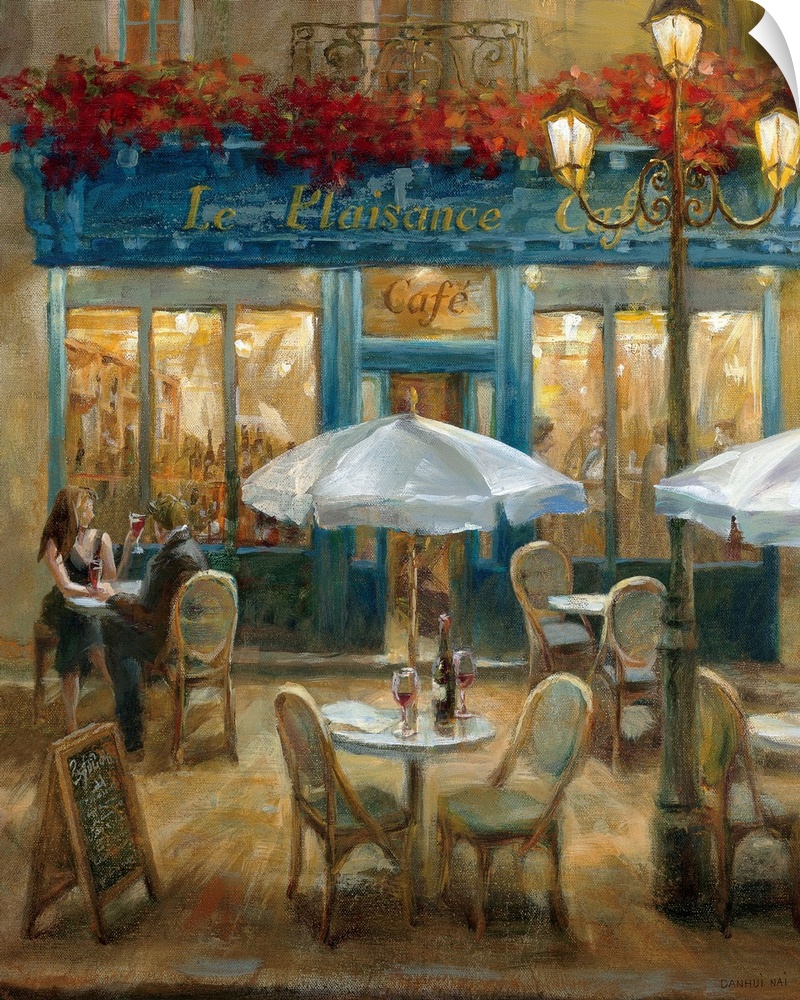 Painting of tables and chairs outside of a street cafo at night with flowerbox over front door entrance.