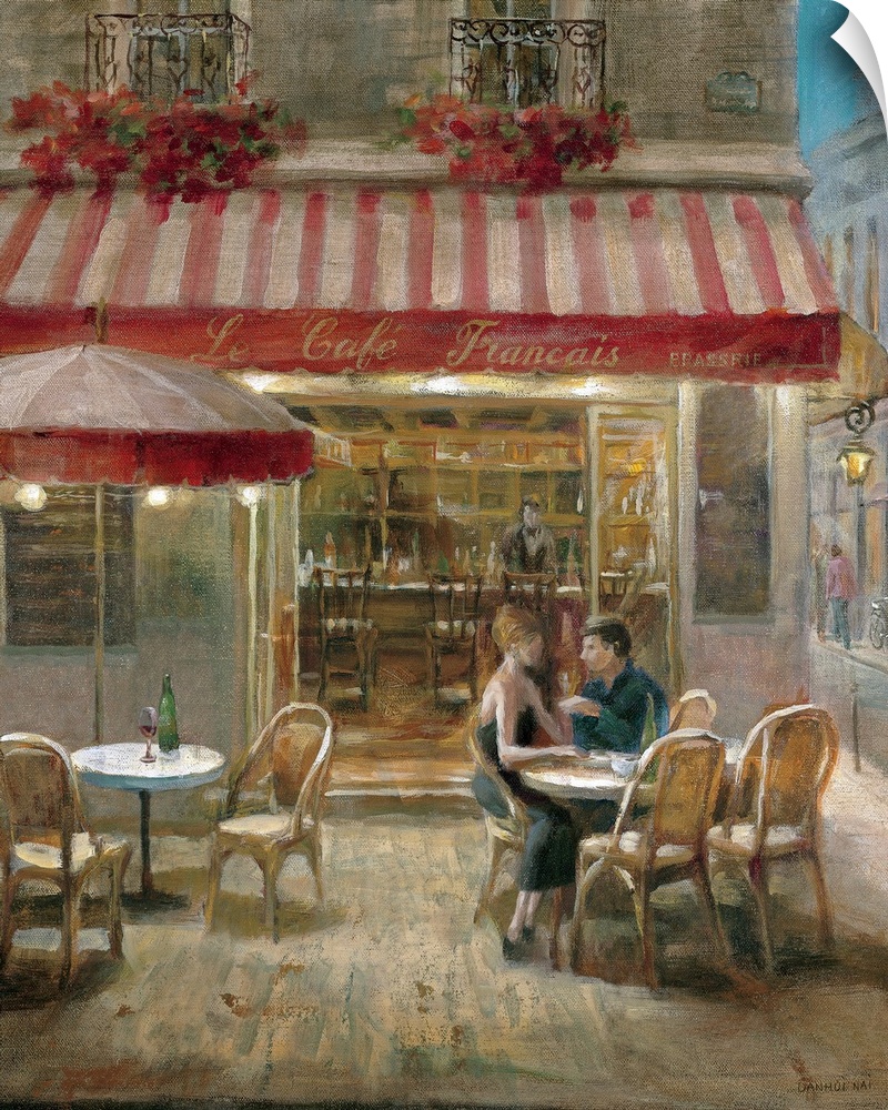 Huge contemporary art depicts a couple sitting alone at a table outside of a small eatery in France.  The lone bartender w...