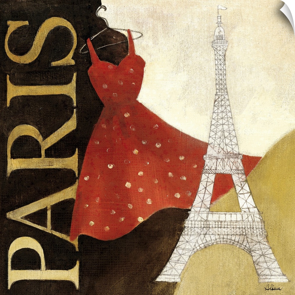 Big square artwork of the word "PARIS" written vertically, a fashionable red dress hangs from the background next to a ske...