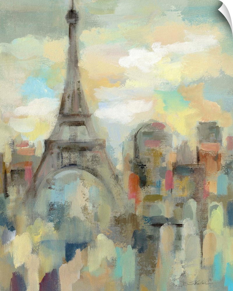 Cityscape painting of Paris, France painted in an impressionistic style with the Eiffel Tower on the left.