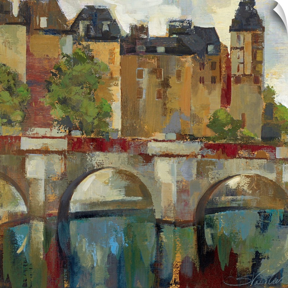 Abstract painting of a bridge going in front of a town comprised of large brush strokes.