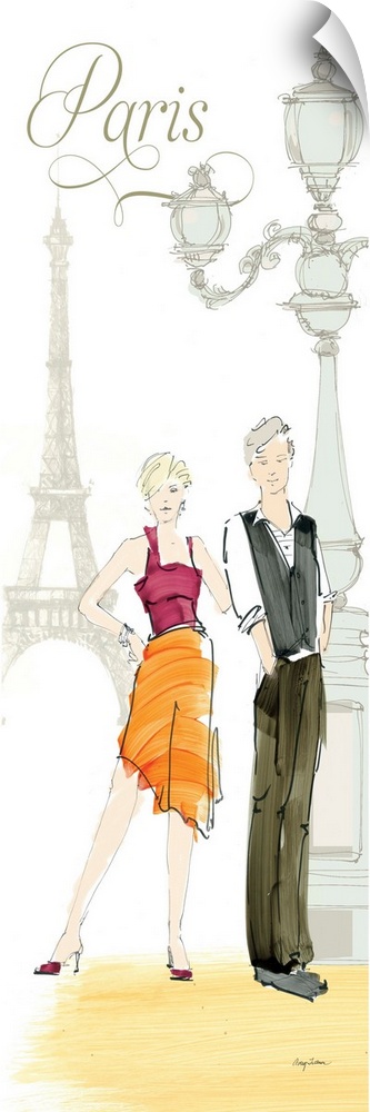 Contemporary artwork of a couple, with the Eiffel Tower and a lamp post in the background.