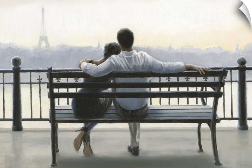 Contemporary painting of a couple sitting on a park bench gazing at the Paris cityscape.