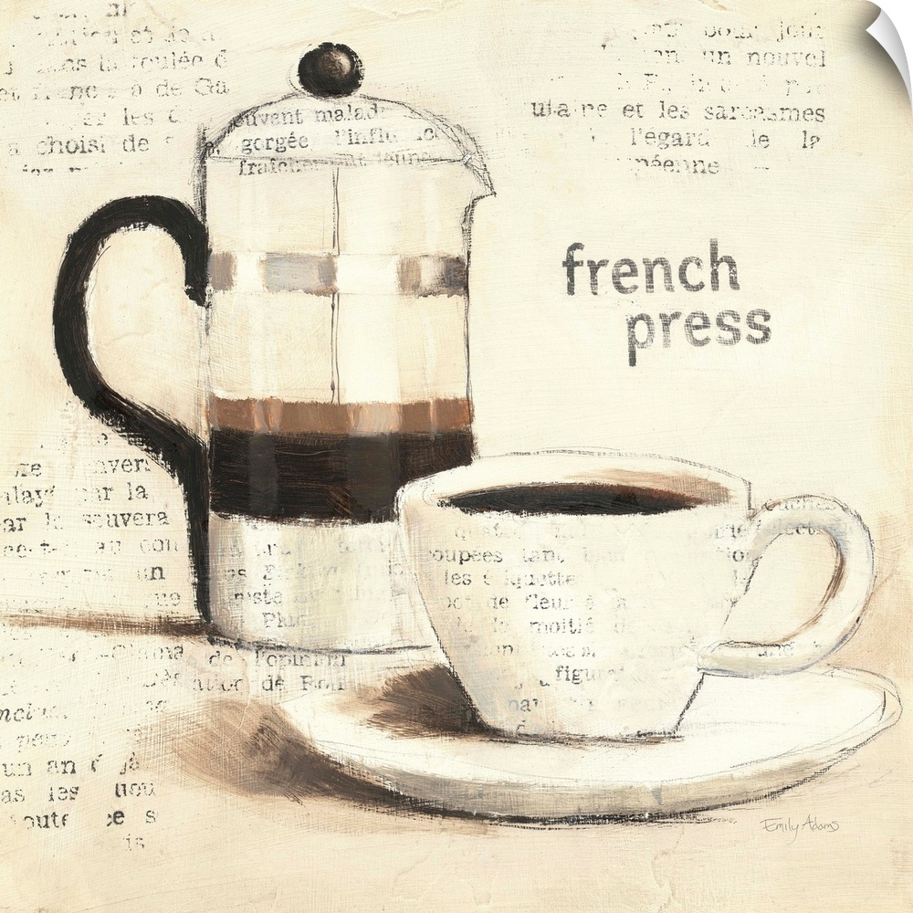 A French press and cup of coffee are drawn onto a neutral background with pieces of text faded over parts of the artwork.