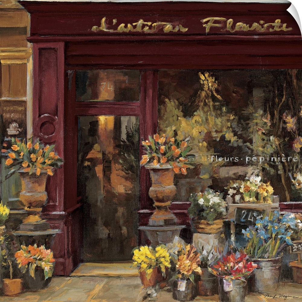 Painting of the storefront of a florist in Paris, France, with samples of bouquets and buckets of flowers on the street.