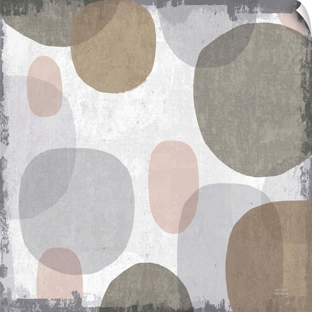 Large abstract artwork with oblong shapes running down the canvas in brown, gray, faded pink, and blue-gray hues.