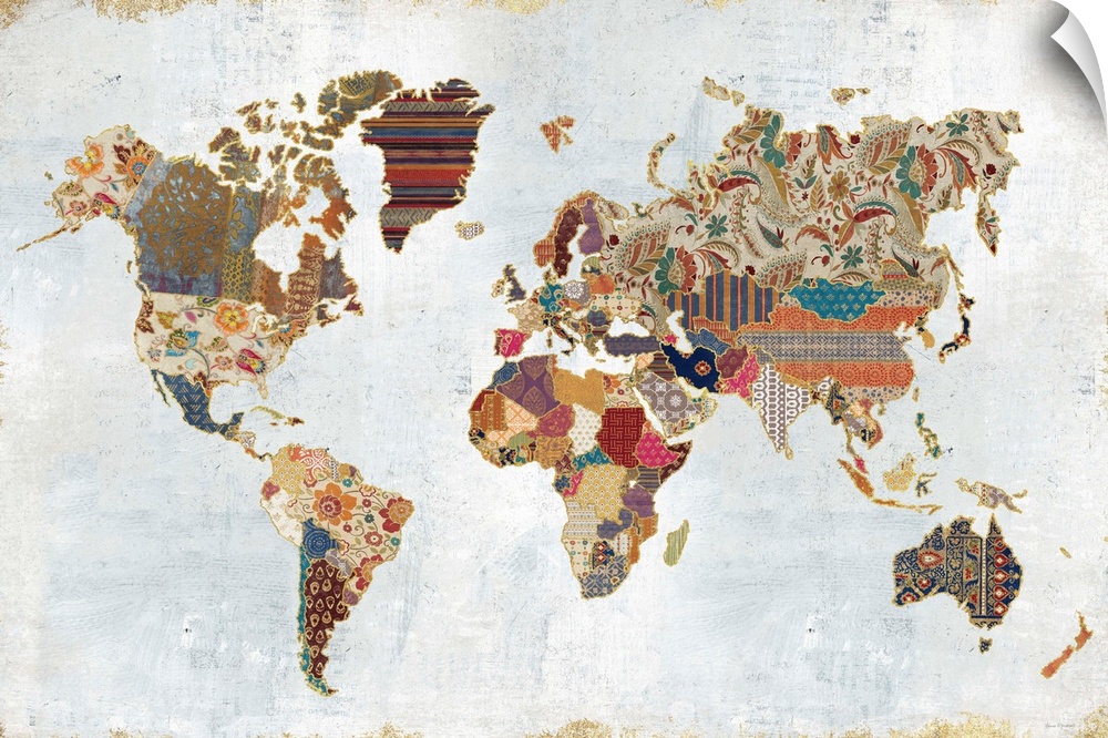 Contemporary artwork of a world map made from different patterns.