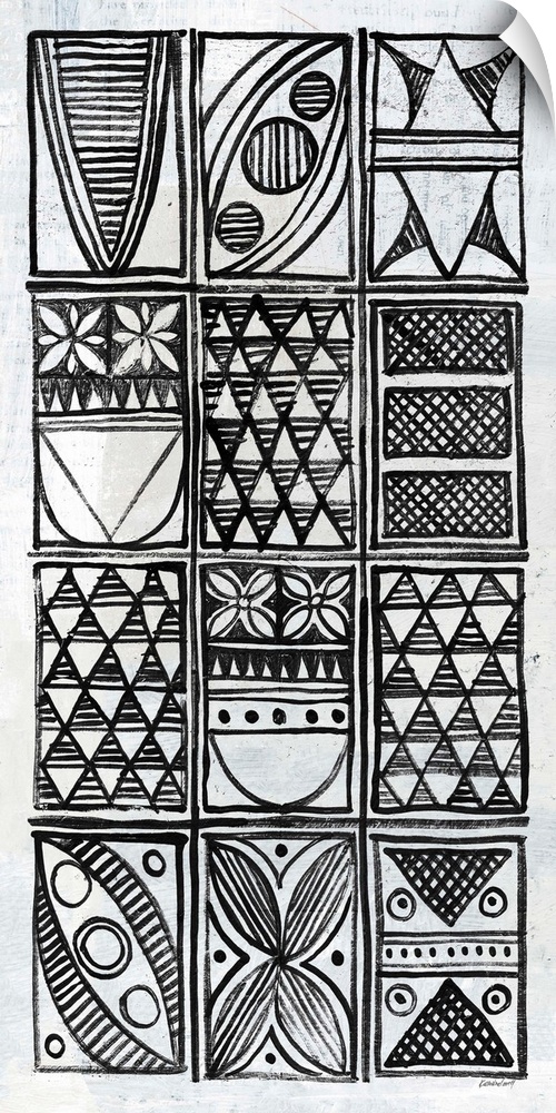 Black and white painting with neatly stacked rectangles filled with  different intricate designs.