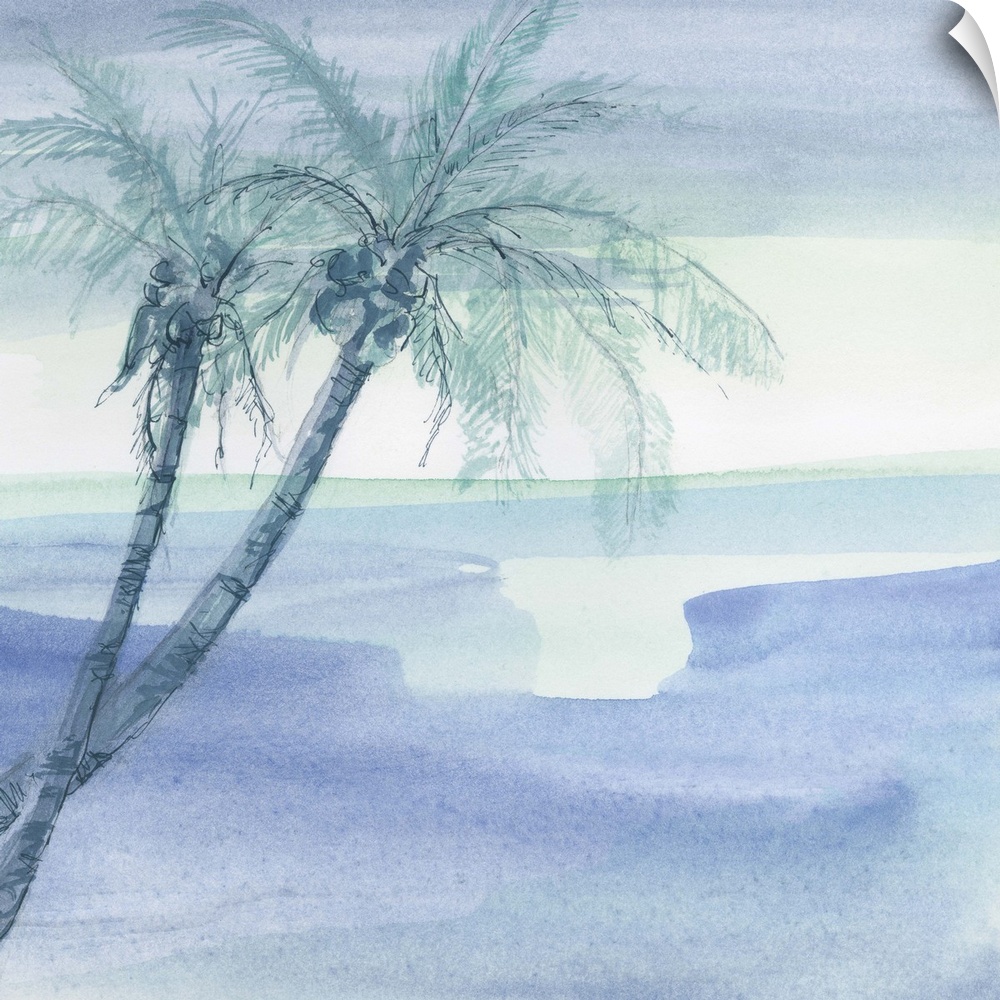 Contemporary watercolor painting of palm trees against a blue background.