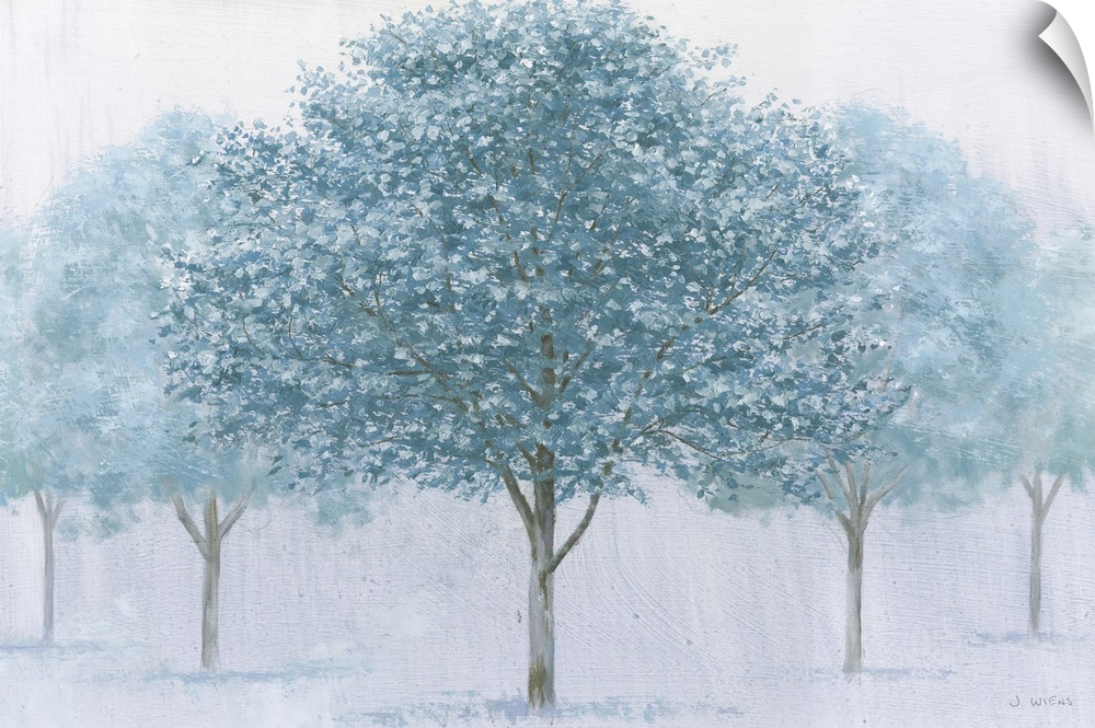 A contemporary painting of a row of trees in blue on a grey backdrop.