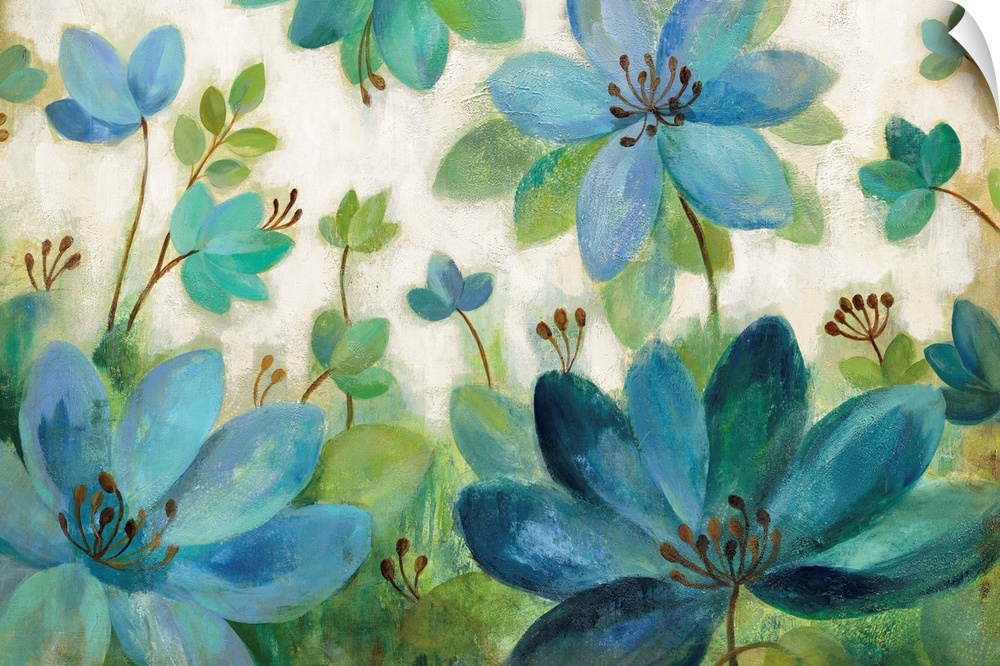 Contemporary painting of blue and green flowers against a cream toned background.
