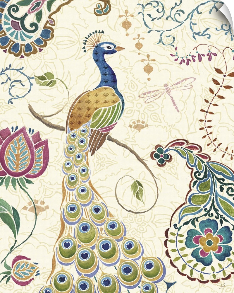 Contemporary artwork of a peacock surrounded by floral designs against neutral background.