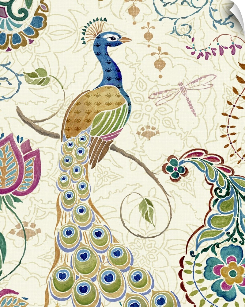 Whimsical draw of a peacock on a branch with a dragonfly and colorful florals.