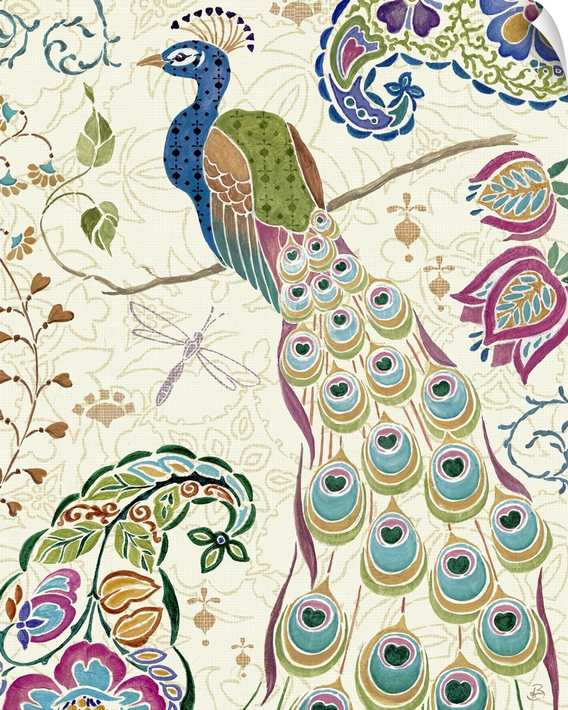 This decorative accent for the living room, bedroom, or bathroom this art work shows a stylized peacock sitting on a branc...