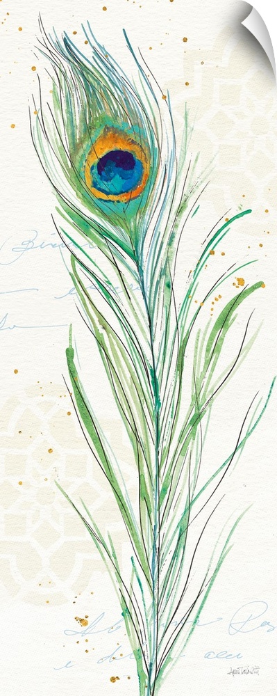 Tall rectangular watercolor painting of a peacock feather on a neutral colored background with light beige patterns and bl...