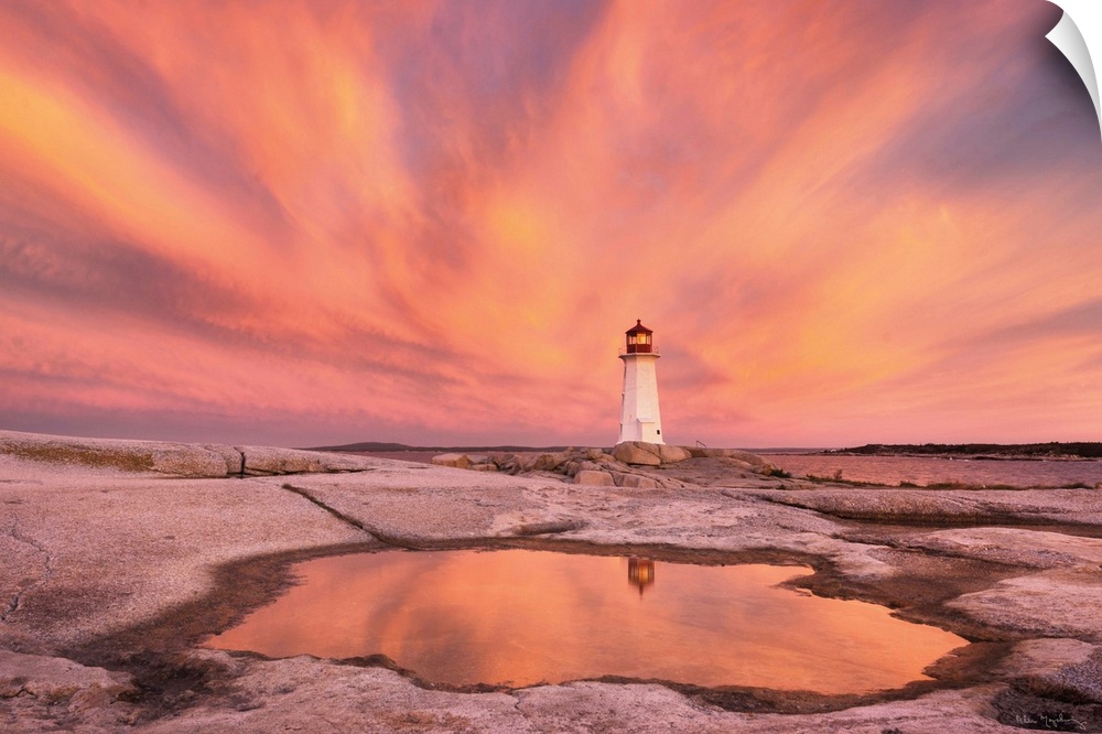 Dramatic sunrise at Peggy's Cove Lighthouse heralds in approaching storm,  Nova Scotia