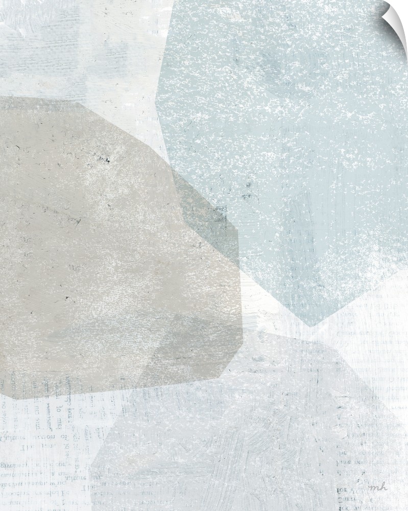 Abstract painting with overlapping shapes in muted blue, white, and grey hues.