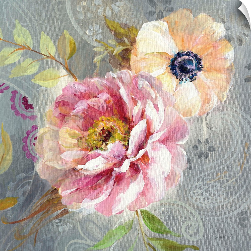 Contemporary square painting of a pink peony and yellow poppy flower on a gray paisley patterned background.