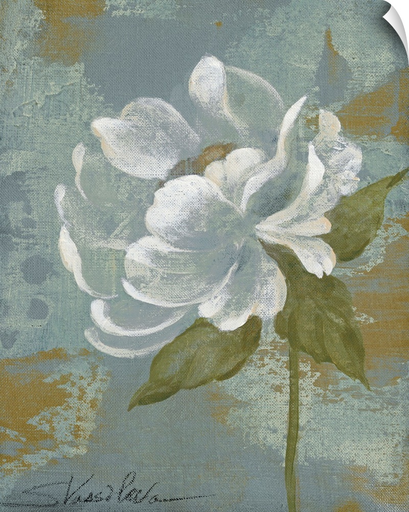 Docor perfect for the home of a white peony flower that has been painted over a soft blue background.