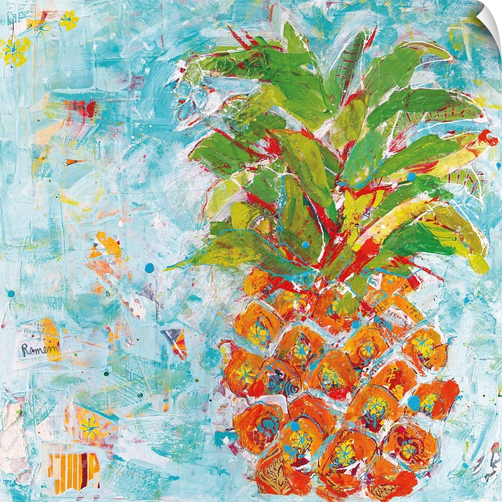 Energetic brush strokes in bright colors create a pineapple adorned with floral elements and paint splatters.